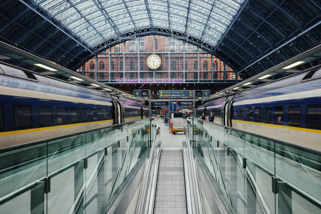2 eurostar trains at st. Pancras station in London