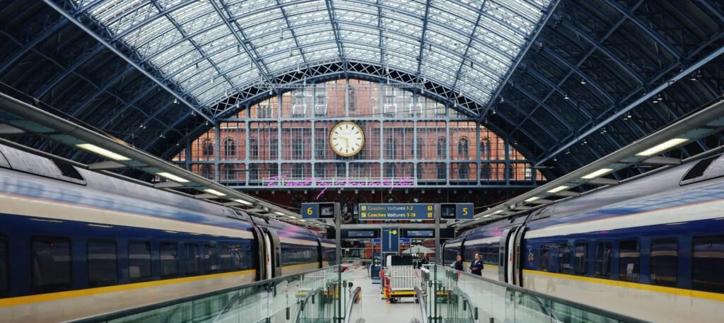 2 eurostar trains at st. Pancras station in London